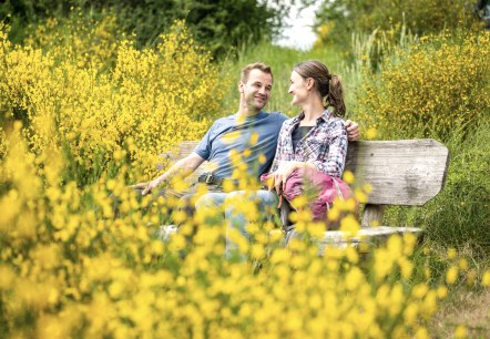 Un couple souriant est assis sur un banc en bois, entouré de genêts jaunes en fleurs dans un paysage verdoyant., © Eifel Tourismus GmbH, Dominik Ketz Un couple souriant est assis sur un banc en bois, entouré de genêts jaunes en fleurs dans un paysage verdoyant., © Eifel Tourismus GmbH, Dominik Ketz