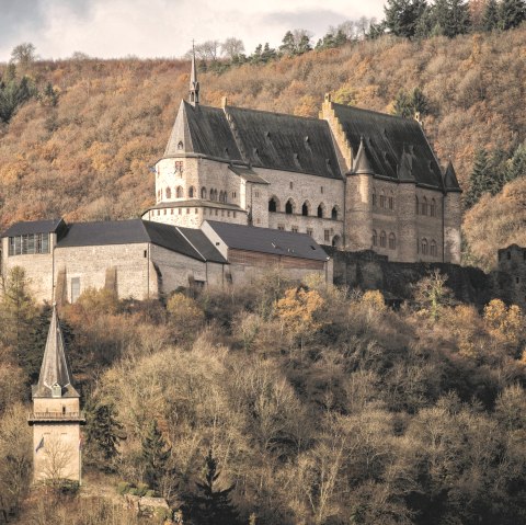 Das Schloss Vianden thront majestätisch auf einem Hügel, umgeben von herbstlich gefärbten Bäumen und einem bewölkten Himmel., © Jengel Das Schloss Vianden thront majestätisch auf einem Hügel, umgeben von herbstlich gefärbten Bäumen und einem bewölkten Himmel., © Jengel