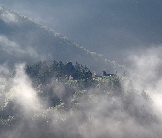 Die Burg Falkenstein auf der Nat'Our Route 4, © Naturpark Südeifel, V. Teuschler Die Burg Falkenstein auf der Nat'Our Route 4, © Naturpark Südeifel, V. Teuschler