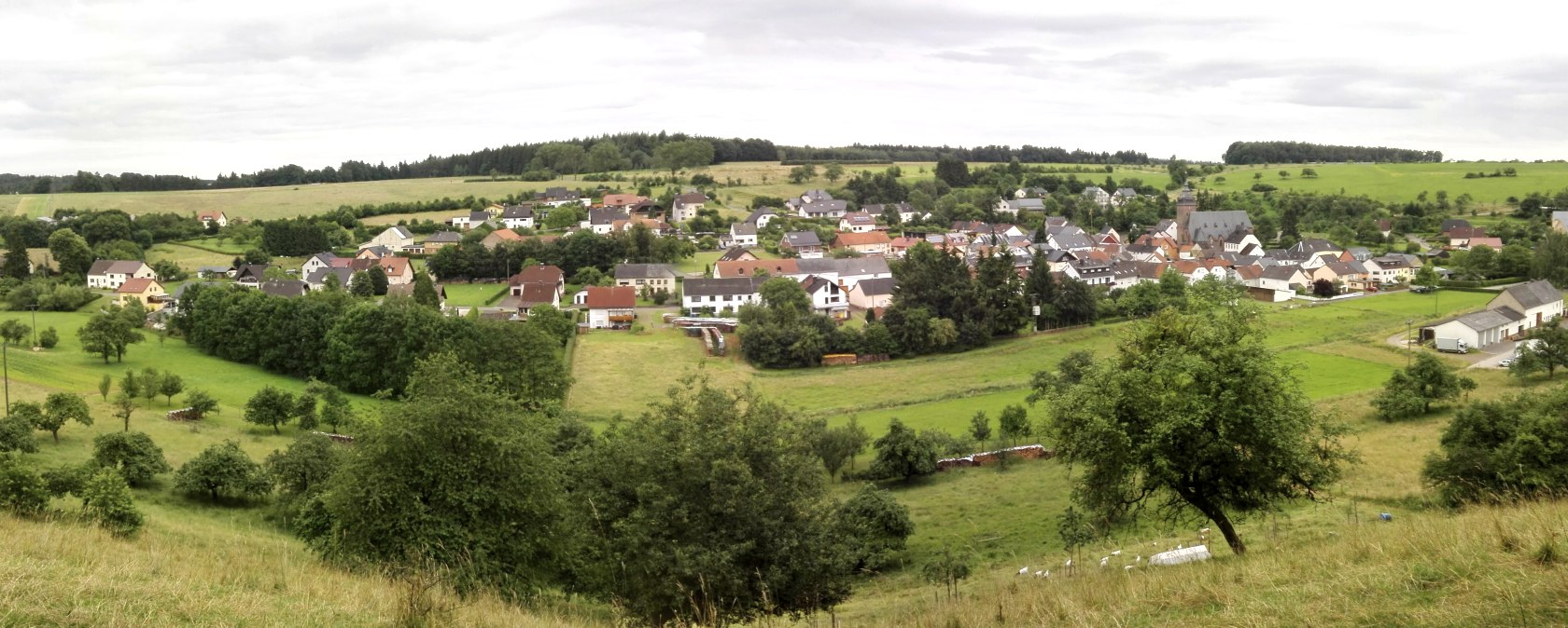Vue panoramique de Gransdorf avec des maisons, des champs verts et des arbres sous un ciel nuageux., © Doris Pauels Vue panoramique de Gransdorf avec des maisons, des champs verts et des arbres sous un ciel nuageux., © Doris Pauels
