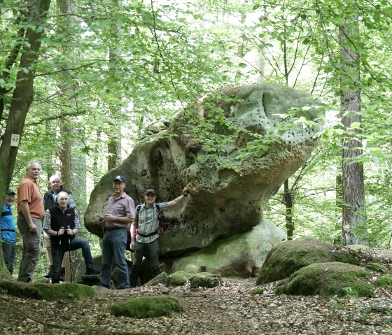 Een groep mensen staat voor een grote, bemoste rots in het bos die eruitziet als een berenkop. Dichte bomen omringen het tafereel., © Elke Wagner, Felsenland Südeifel Tourismus GmbH Een groep mensen staat voor een grote, bemoste rots in het bos die eruitziet als een berenkop. Dichte bomen omringen het tafereel., © Elke Wagner, Felsenland Südeifel Tourismus GmbH