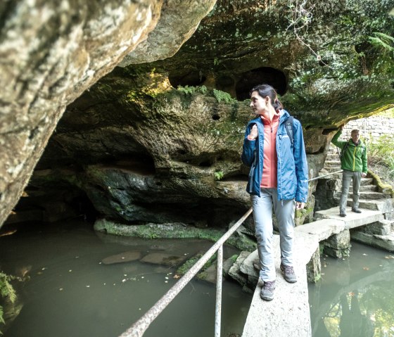 Deux personnes sur un ponton étroit au-dessus d'un étang, entourées de rochers et de plantes. Une personne porte une veste bleue, l'autre une veste verte., © Eifel Tourismus, D. Ketz Deux personnes sur un ponton étroit au-dessus d'un étang, entourées de rochers et de plantes. Une personne porte une veste bleue, l'autre une veste verte., © Eifel Tourismus, D. Ketz