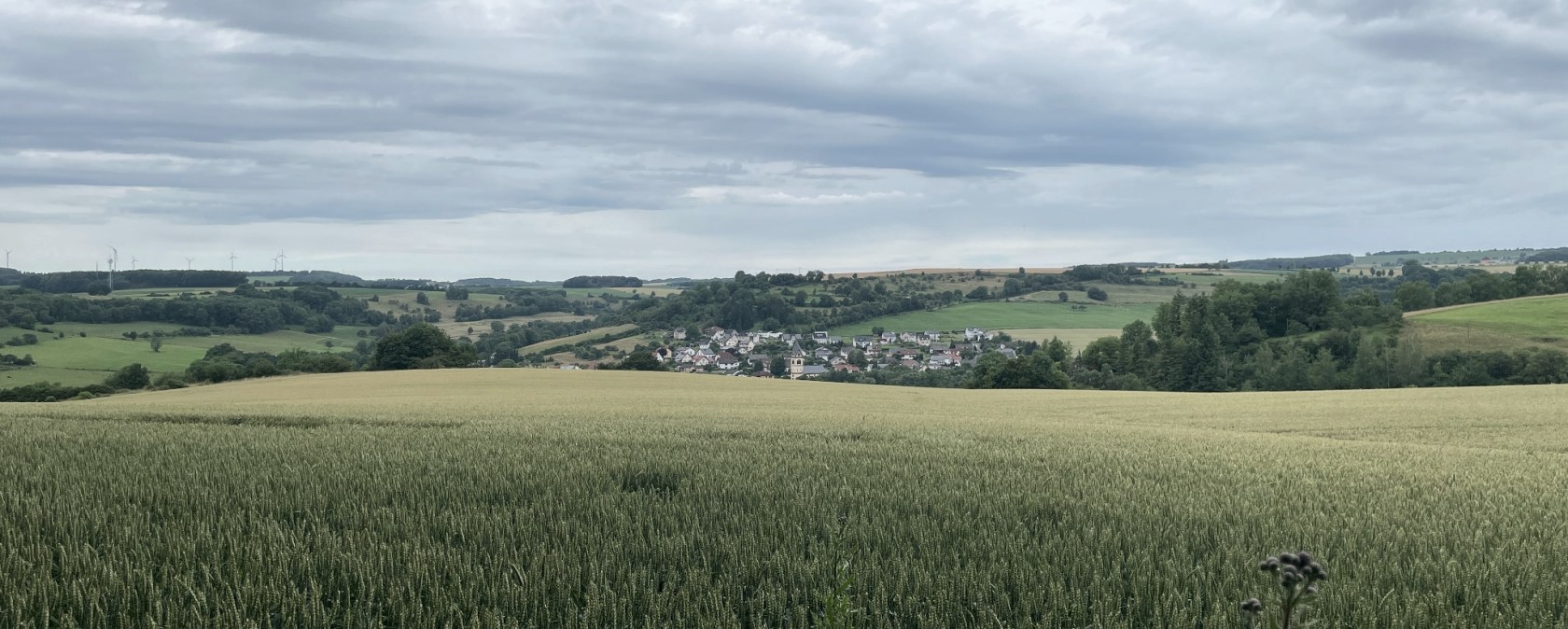 Weidse velden met een klein dorpje op de achtergrond, omgeven door groene heuvels en een bewolkte lucht., © Daniel Köhler Weidse velden met een klein dorpje op de achtergrond, omgeven door groene heuvels en een bewolkte lucht., © Daniel Köhler
