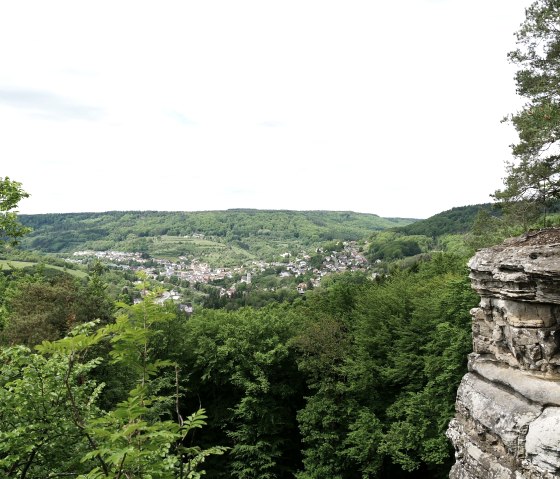 Uitzicht op Bollendorf vanaf het uitkijkpunt boven het Teufelsloch, omgeven door groene bossen en heuvels, met rotsen op de voorgrond., © Elke Wagner, Felsenland Südeifel Tourismus GmbH Uitzicht op Bollendorf vanaf het uitkijkpunt boven het Teufelsloch, omgeven door groene bossen en heuvels, met rotsen op de voorgrond., © Elke Wagner, Felsenland Südeifel Tourismus GmbH