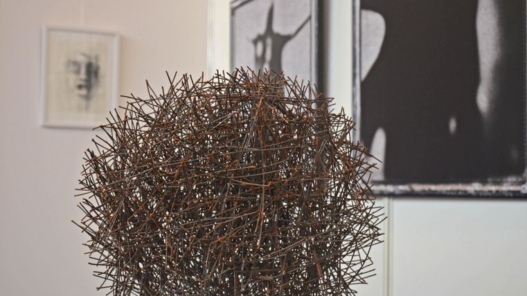 Eine skulpturale Form aus vielen miteinander verbundenen Ästen steht im Vordergrund. Im Hintergrund sind kunstvolle Schwarzweißbilder an der Wand zu sehen.