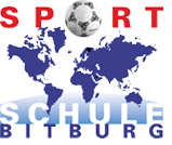 A logo of the Bitburg Sports School featuring a world map and a soccer ball. It highlights the connection between sports and international cooperation.