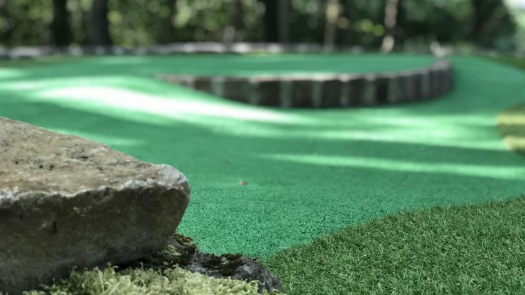 A well-maintained mini-golf course with green artificial grass and stones. The path winds gently through the forest.