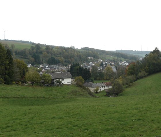 Groene weiden en bomen omringen het dorp Mettendorf. Op de heuvels op de achtergrond zijn windturbines te zien., &copy; Felsenland S&uuml;deifel Tourismus GmbH, Christian Calonec-Rauchfuss
