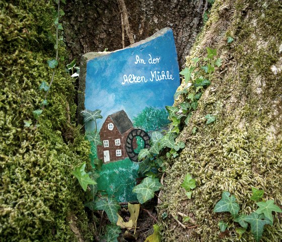 Een beschilderde steen met een molen en de inscriptie 'In der Alten M&uuml;hle' is ingebed in de bast van een boom, omgeven door mos en klimop., &copy; TI Bitburger Land