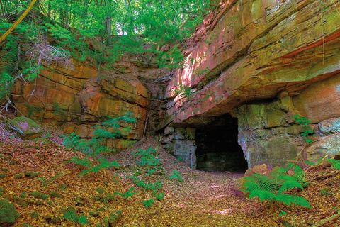 Entrance to a cave in a red sandstone formation, surrounded by green vegetation.