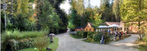 Un chemin forestier calme avec une auberge confortable et entouré d'arbres verts. Certains clients sont assis dehors et profitent de la nature.
