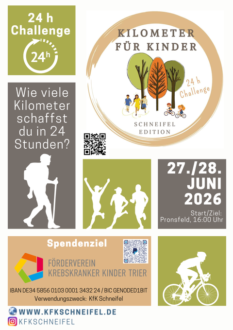 Eine Anzeige für die 24-Stunden-Challenge „Kilometer für Kinder“ in Schneifel. Das Event findet am 27./28. Juni 2026 statt und unterstützt krebskranke Kinder.