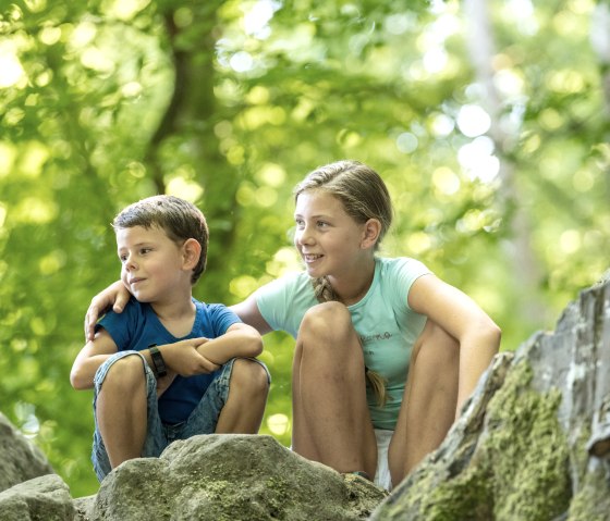 Deux enfants sont assis sur des rochers dans la for&ecirc;t. Ils sourient et regardent au loin, entour&eacute;s de feuillages verts et de lumi&egrave;re naturelle., &copy; Felsenland S&uuml;deifel Tourismus GmbH