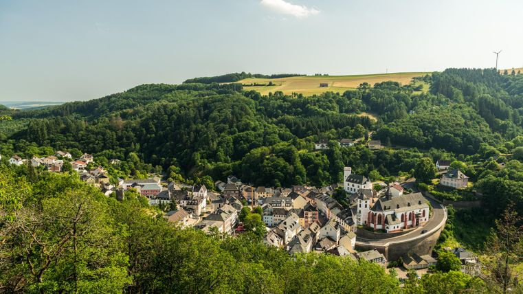 Eine malerische Landschaft mit einem kleinen Dorf, umgeben von grünen Wäldern und sanften Hügeln. Im Vordergrund sind einige historische Gebäude und eine Kirche sichtbar.