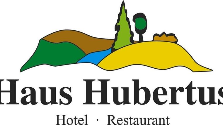 A logo for the "Haus Hubertus," a hotel and restaurant. It features a stylized landscape with trees and hills.