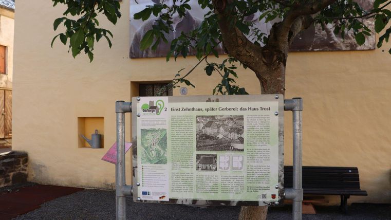 Un panneau d'information devant un mur avec un arbre à côté. Le panneau contient du texte et des images sur un sujet particulier.