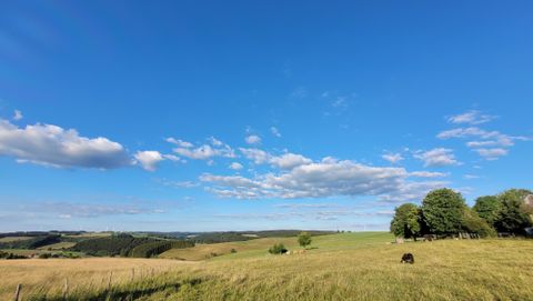 A vast landscape with gentle hills and a clear blue sky. Some clouds drift over the fields and trees.
