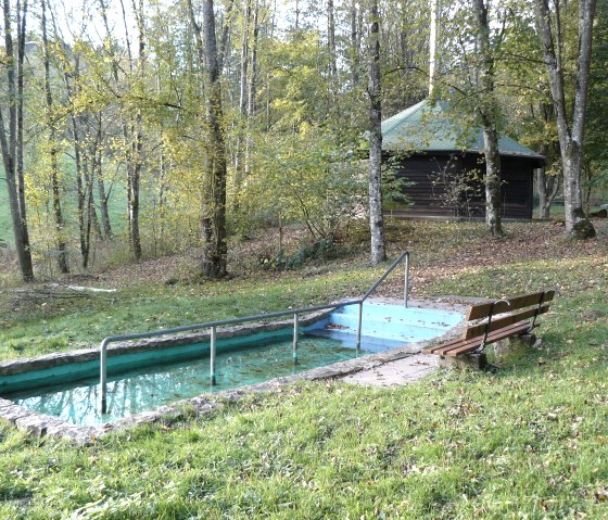Grillh&uuml;tte im Wald mit einem Tretbecken im Vordergrund. Herbstliche B&auml;ume umgeben die Szene, eine Bank steht am Beckenrand., &copy; Felsenland S&uuml;deifel Tourismus GmbH, Christian Calonec-Rauchfuss