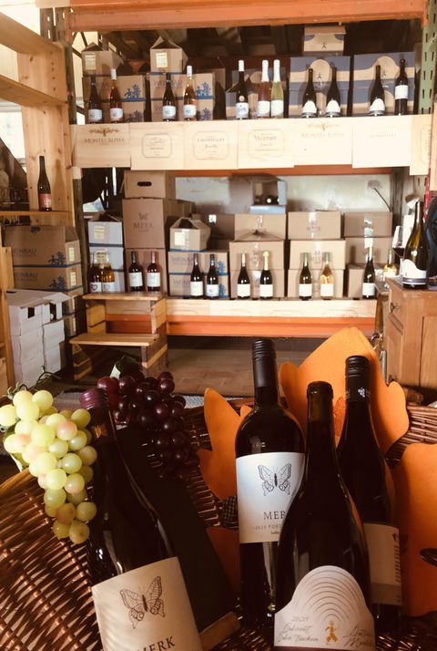 Ein Weingeschäft mit mehreren Regalen, die mit Weinflaschen gefüllt sind. Im Vordergrund stehen einige Weinflaschen und Trauben.