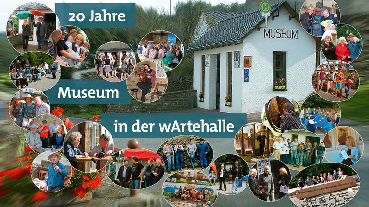 Ein festliches Jubiläum für 20 Jahre Museum in der Wartehalle. Die Collage zeigt verschiedene Veranstaltungen und Aktivitäten im und um das Museum.