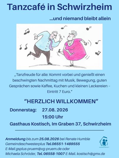 Ein fröhliches Tanzcafé in Schwirzheim mit Musik, Bewegung und guten Gesprächen. Der Eintritt kostet 7 Euro und es gibt Kaffee sowie Kuchen.