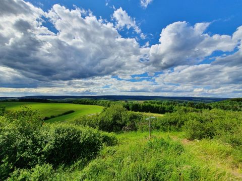 A beautiful landscape with lush green meadows and clouds in the sky. The view extends to the mountains in the distance.
