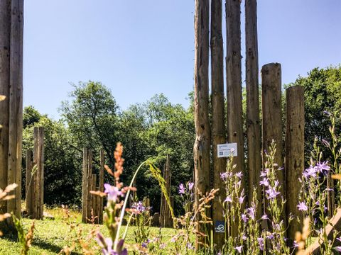 Een gebied met hoge houten palen, omringd door groene bomen en kleurrijke wilde bloemen. De lucht is helder en blauw.