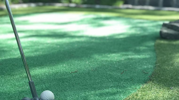 A golf ball is on a green putting green, ready for the shot. In the background, some stone steps can be seen.