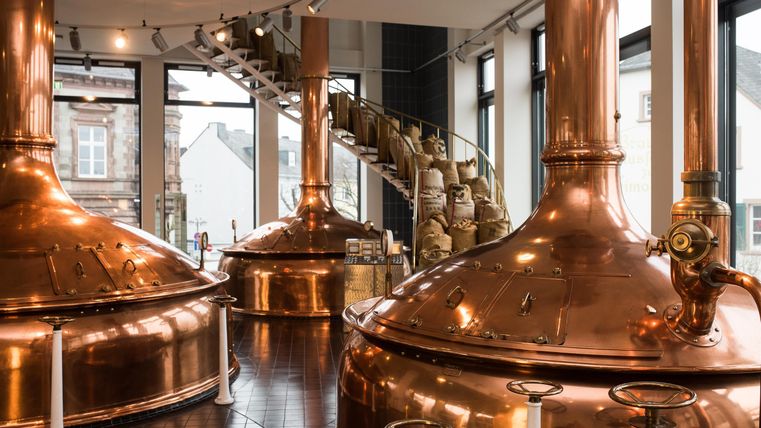 Eine moderne Brauerei mit großen kupfernen Braukesseln. Durch die Fenster fällt viel Licht in den Raum, der eine einladende Atmosphäre schafft.
