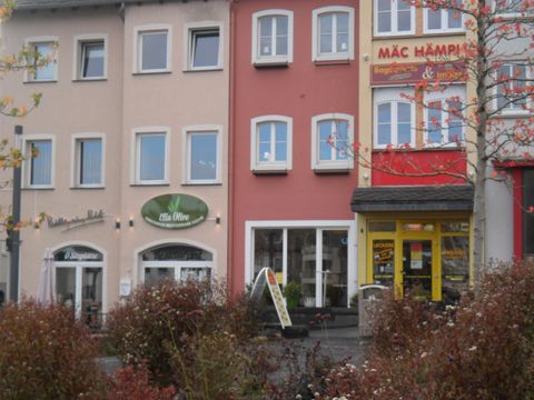 A row of buildings in a city with various shops. In the foreground, colorful bushes can be seen.