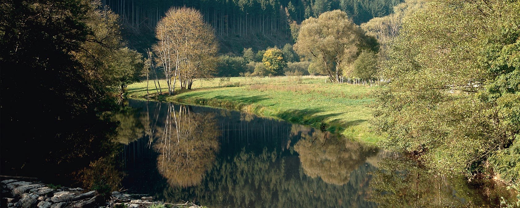 L'Our pr&egrave;s d'Obereisenbach, entour&eacute;e d'arbres automnaux et de vertes prairies., &copy; V. Teuschler