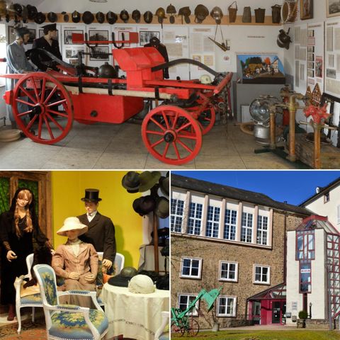 L'image montre un camion de pompiers dans un musée avec des pièces historiques. De plus, des mannequins vêtus de vêtements anciens et un bâtiment moderne sont visibles en arrière-plan.