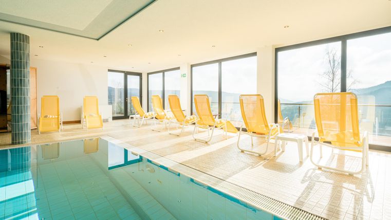 Ein eleganter Wellnessbereich mit einem Pool und Liegestühlen. Große Fenster bieten einen Blick auf die Umgebung.