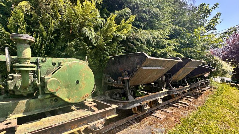 Une vieille machine ferroviaire avec plusieurs coques sur une installation de rails. Entourée d'un feuillage vert dense.