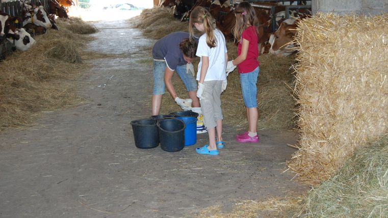 Three children are standing in a barn preparing buckets. In the background, cows and hay can be seen.