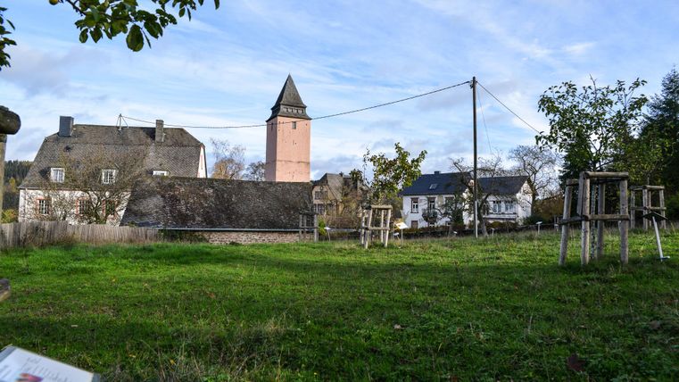 A quiet place with a meadow and historic buildings in the background. In the center stands a tower, surrounded by trees and a clear blue sky.