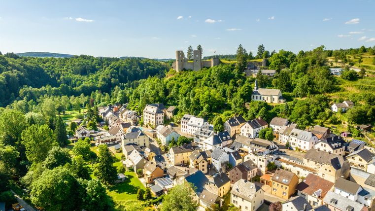 Une ville pittoresque avec de nombreuses maisons et beaucoup d'espace vert. En arrière-plan, un impressionnant château se dresse sur une colline.