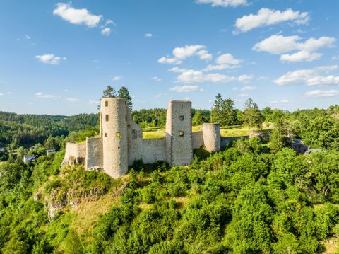 Eine alte Burg auf einem Hügel, umgeben von grünen Bäumen. Der Himmel ist klar mit einigen Wolken.