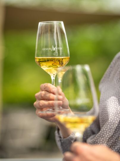 Two wine glasses with golden liquid are held in a relaxed setting. In the background, a green, blurred garden can be seen.