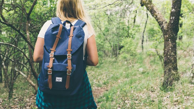 Eine Person mit einem Rucksack wandert einen schmalen Weg durch einen grünen Wald. Die Umgebung ist ruhig und die Natur ist üppig.