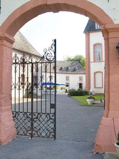 A beautiful entrance with a wrought-iron gate. In the background, there are historical buildings and a paved courtyard.