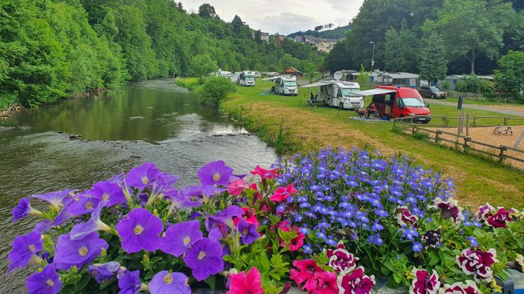Un camping pittoresque au bord de la rivière avec des forêts verdoyantes en arrière-plan. Des fleurs colorées ornent le premier plan et ajoutent de la couleur à la scène.