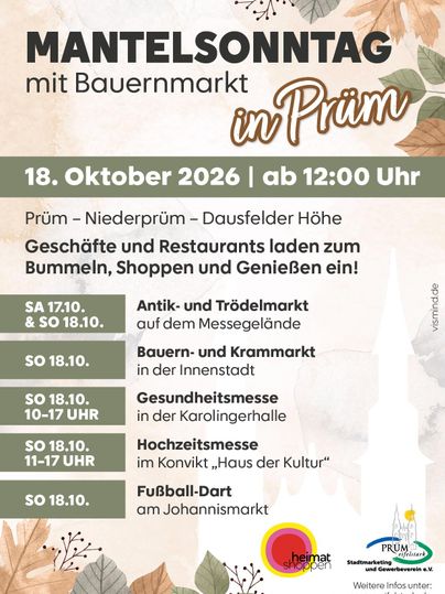 Une affiche d'événement pour le dimanche des manteaux à Prüm, qui offre des informations sur un marché fermier et diverses activités. Elle montre la date, l'heure et les lieux des événements.