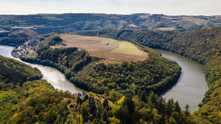 Eine malerische Landschaft mit üppigen Wäldern und einem geschwungenen Fluss. Im Vordergrund ist eine alte Ruine sichtbar, die auf einem Hügel thront.