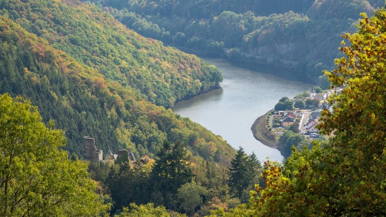 Een schilderachtig rivierlandschap met zachte heuvels en kleurrijke bossen. Op de achtergrond zijn kleine huisjes en bomenrijke oevers te zien.