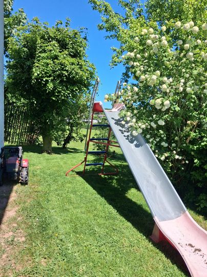 Une toboggan se trouve dans un jardin verdoyant, entouré d'arbres et de fleurs colorées. Le ciel est clair et bleu.