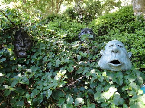 Gezichten uit steen zijn verborgen in dichte groen. Ze lijken vanuit de haag te kijken en geven de scène een mystieke sfeer.