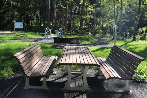 A paved seating area with wooden benches and a table in the forest. In the background, there are green spaces and playground equipment.