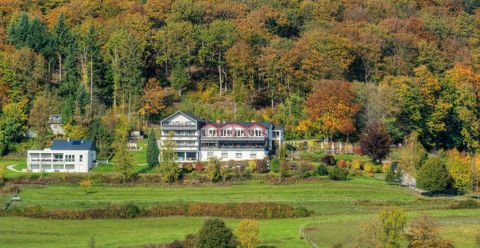 Un hôtel pittoresque entouré d'arbres d'automne colorés et de prairies verdoyantes. Le paysage clair invite à la détente.