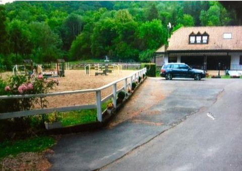 Un manège avec des obstacles et un bâtiment adjacent sont visibles. L'environnement est verdoyant et entouré d'arbres.